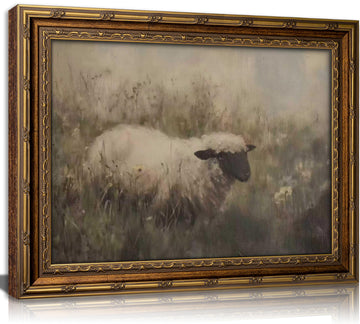Vintage Gold Framed Farmhouse Animal Canvas Wall Art Retro Country Sheep Painting Picture Wall Decor Sheep on the