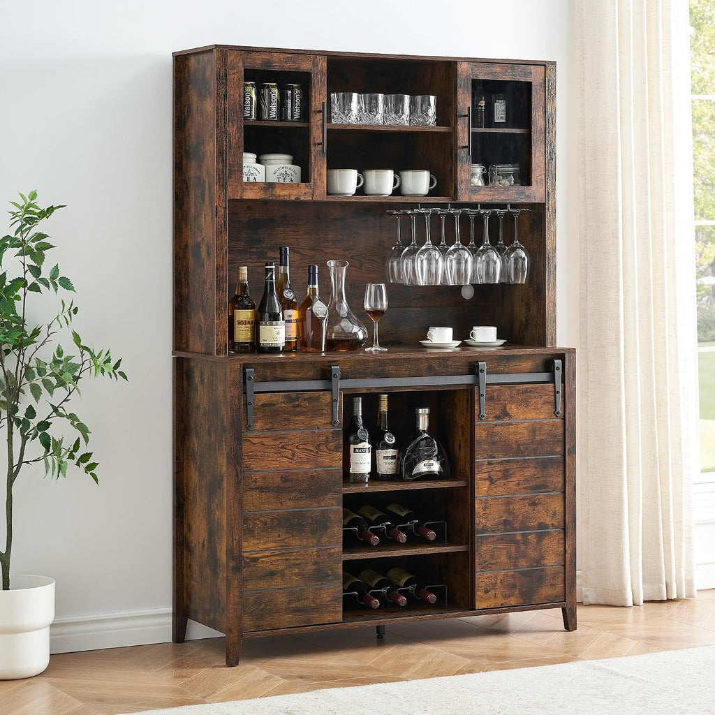 70'' Wine Coffee Bar Cabinet with Storage Hutch, Tall Kitchen Pantry Liquor Cabinet with Sliding Barn Doors, Bottle