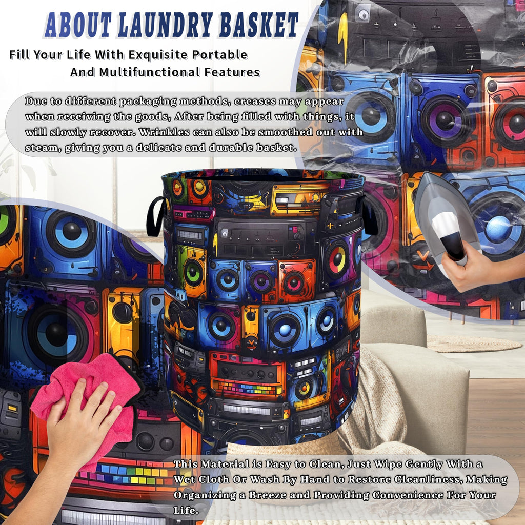 Retro Radio Tape Laundry Basket Oxford Cloth Foldable Hamper 18.9x16.5 Inch