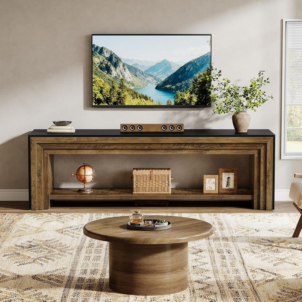 70" Long TV Stand for 75-Inch TV, Farmhouse Entertainment Center | Low Media Console Wooden Television Stand for
