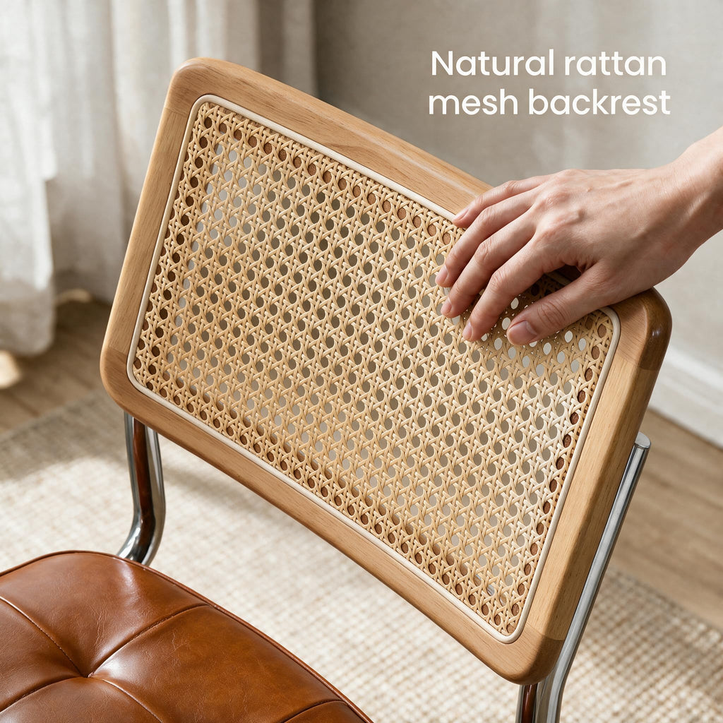 Natural Rattan Bar Stools Set of 2 with Solid Wood Back, 24 Inch Mid Century Modern Counter Height Stools, Brown Faux