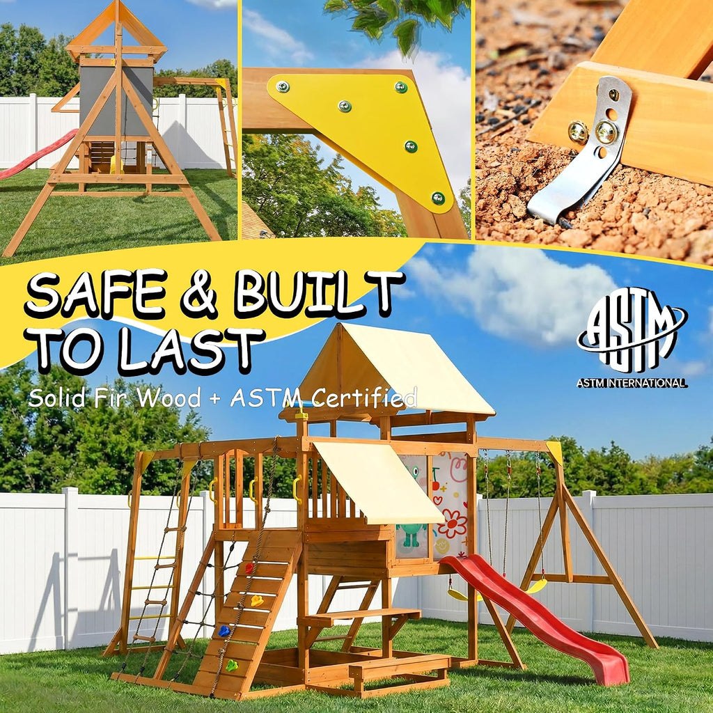 Wooden Swing Sets for Backyard, Outdoor Playground Playset for Kids Ages 3-10