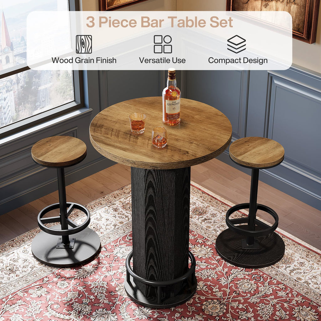 Round Bar Table with Chairs Set of 2, Industrial Bistro Sets with 2 barstools, Pub Cocktail Table with Metal Ring