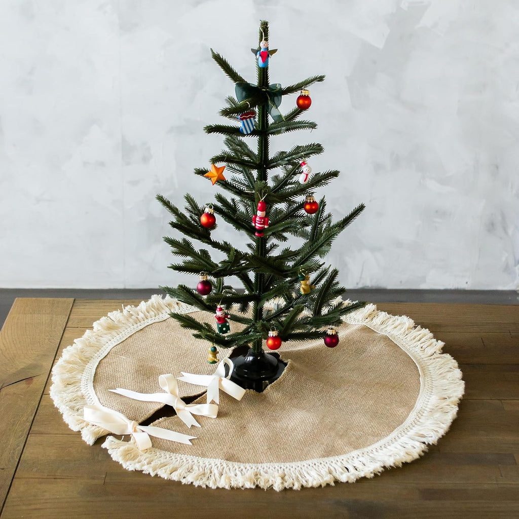 Burlap Mini Christmas Tree Skirt - 26 Inch, Brown Farmhouse Tree Collar & Decorations