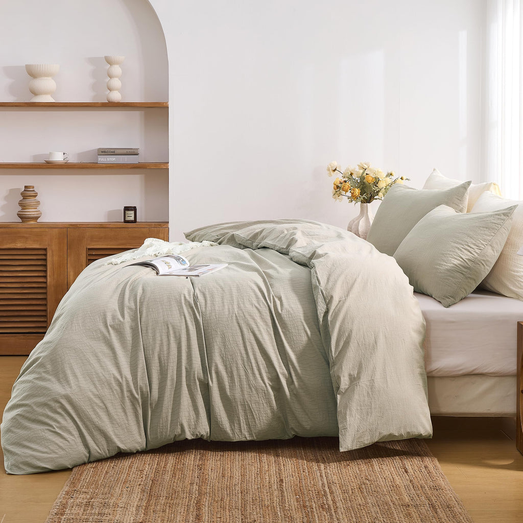 100% Washed Cotton Wave Jacquard Ripple Duvet Cover 3-Pieces Set, Solid, Boho Style, Comfortable