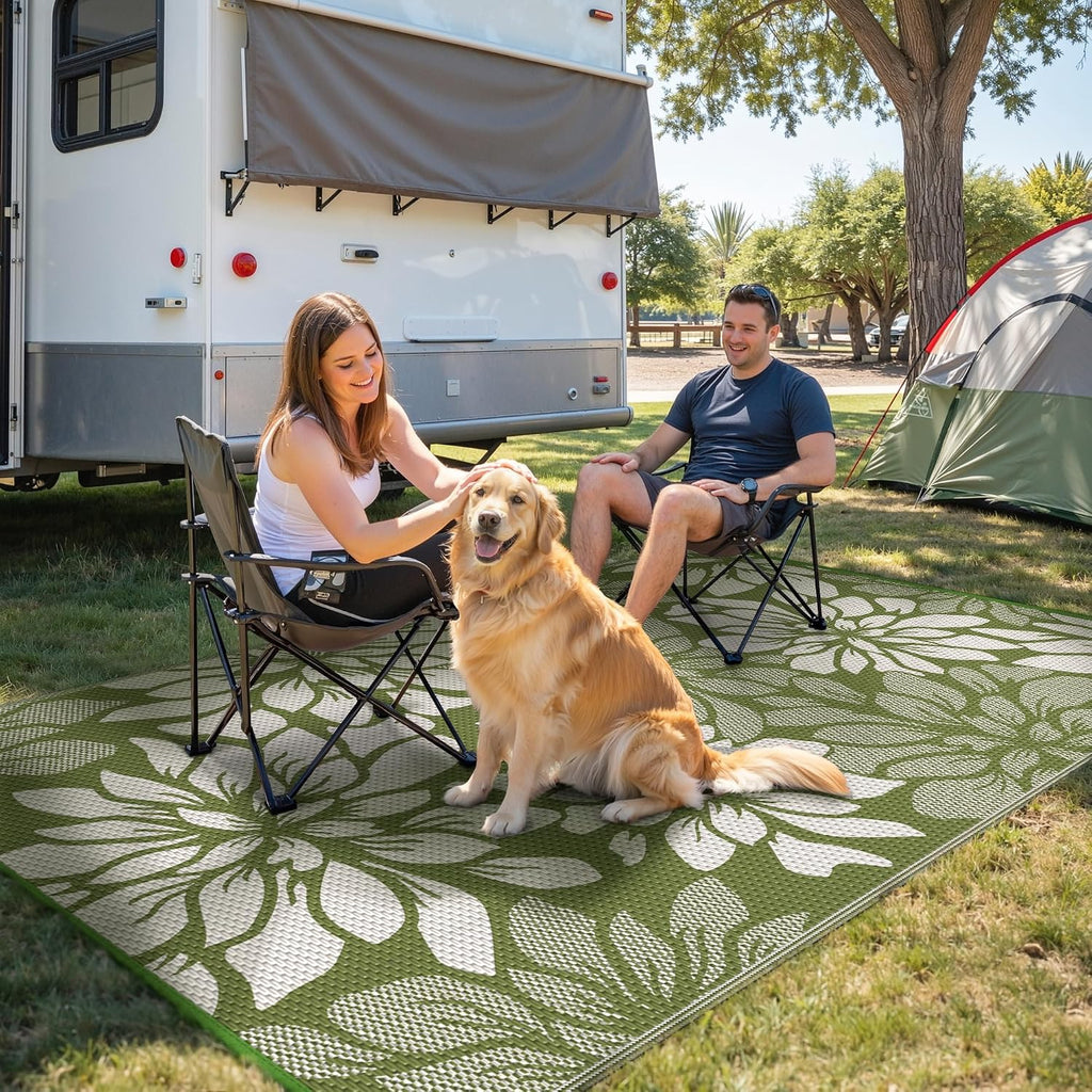 Outdoor Rug Waterproof Decor, 6' x 9' Reversible Plastic Straw Floral Camping Carpet, Large Area Rugs Mats for RV