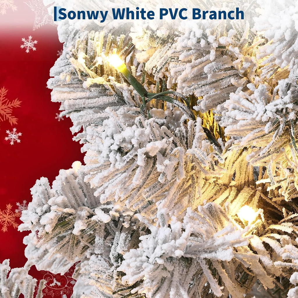 Pre-Lit Flocked Artificial Christmas Tree with Warm White Lights, Pure PVC Material, Hinged Branches for Easy