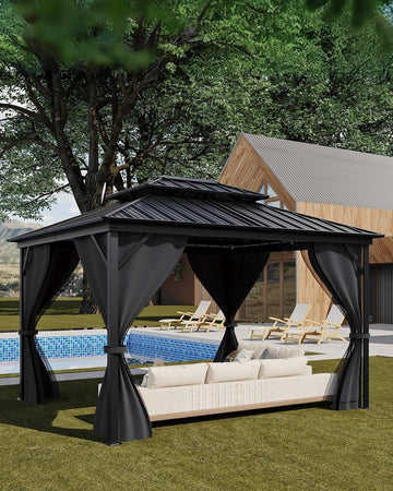 Hardtop Gazebo 12'x14' for All Weather, with Double Metal Roof, Aluminum Alloy Frame, Net, and Curtain