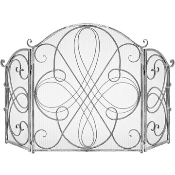 3-Panel 55x33in Solid Wrought Iron See-Through Metal Fireplace Screen, Spark Guard Safety Protector w/Decorative