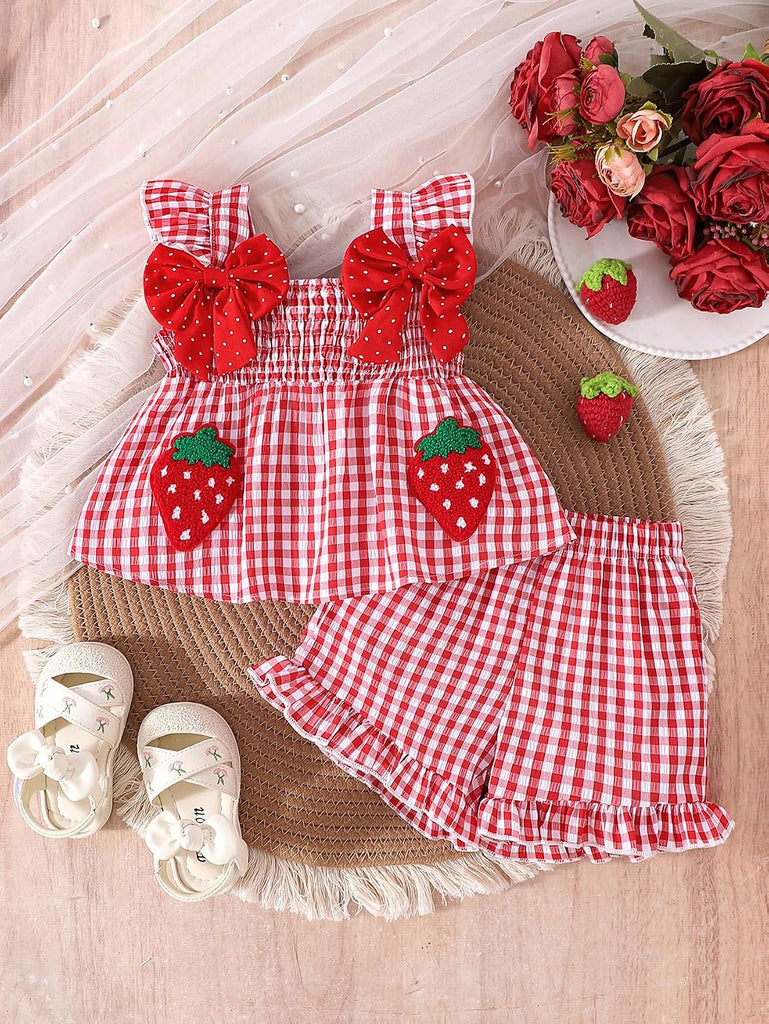 Toddler Baby Girl Summer Clothes Plaid Bows Tank Tops Shorts Set