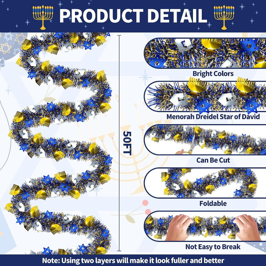 50FT Hanukkah Decorations Tinsel Garland, Blue Gold Silver Shiny Metallic Tinsel Twist Hanukkah Garland with Dreidel - Set of 50