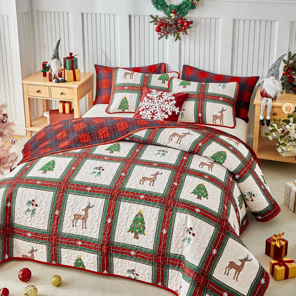 Christmas Quilt Set Patchwork Plaid Style with Green Red Plaid and Deer Tree Berry Reversible Gingham Design - Xmas