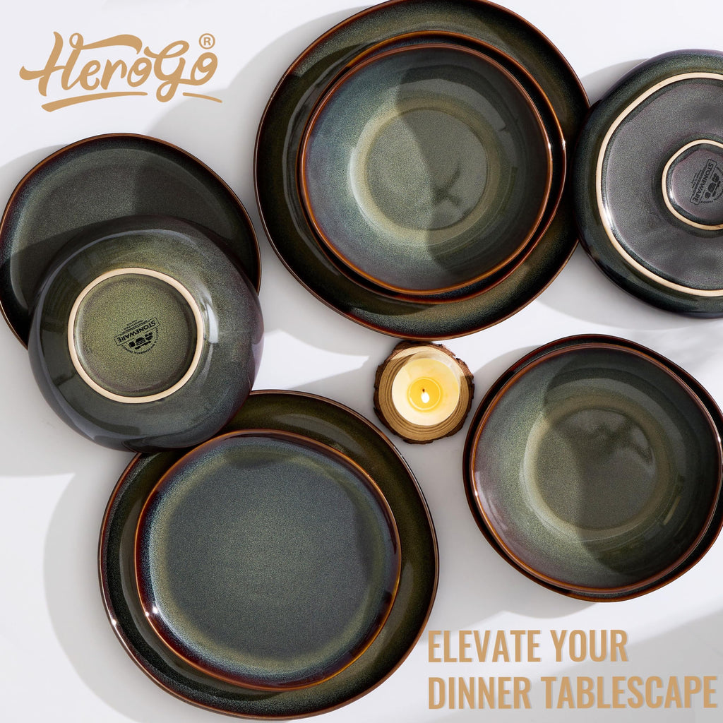 18PCS Dinnerware Sets for 6, Stoneware Plates and Bowls Dish Set, Irregular Handmade Dinner Ware Dishware Dinning