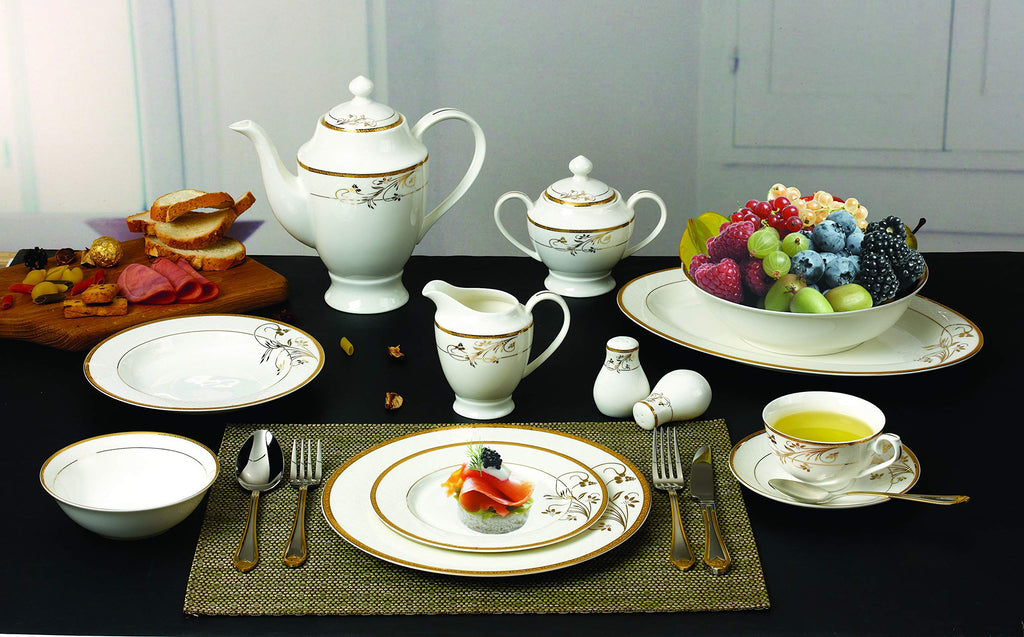 La Luna Bone China 57-Piece 24K Gold Floral Design Dinnerware Set, Service for 8