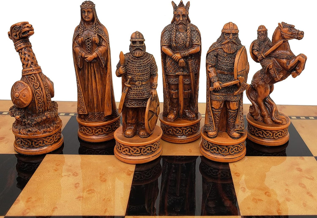 Antique Ivory & Brown Norse Viking Chess Set with 18 inch Walnut Color Board