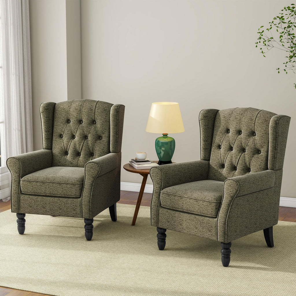 Chenille Wingback Accent Chair, Tufted High Back Armchair, Green