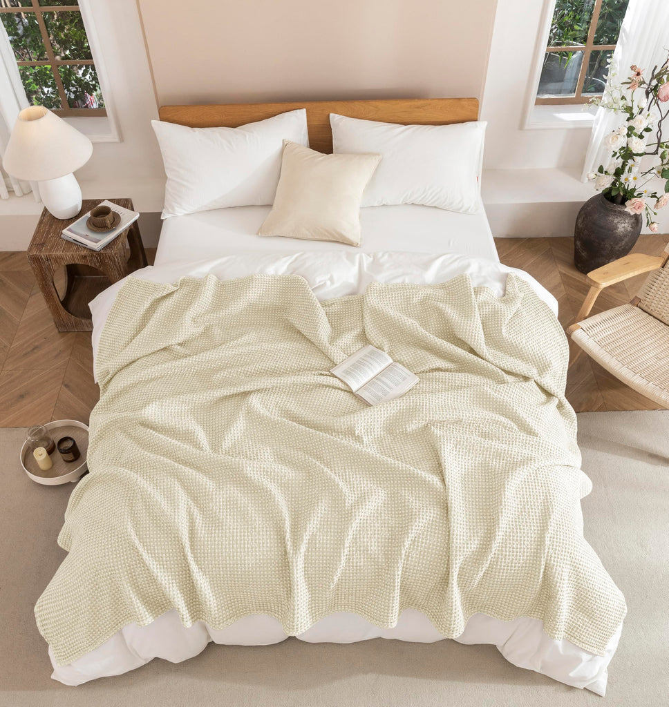100% Cotton Waffle Blanket Throw Size, Stone Washed Bed Blanket