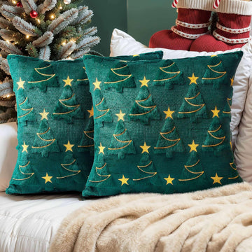 Christmas Pillow Covers Soft Plush Faux Fur Pillow Cases 3D Embroidered Decorative Couch Cover Home Decor - Set of 2