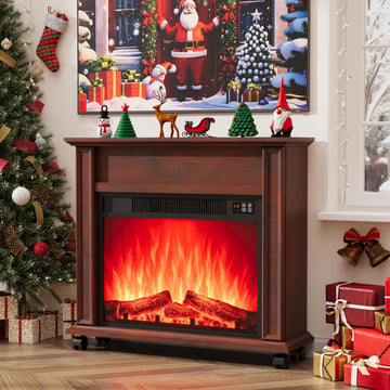 Electric Fireplace with Mantel, Cherry Wood Fireplace with Wheels
