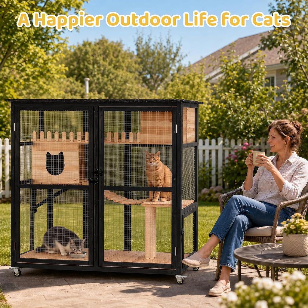 Cat Catio Outdoor Cat Enclosure, Multi-Level Wooden Cat House with Wheels