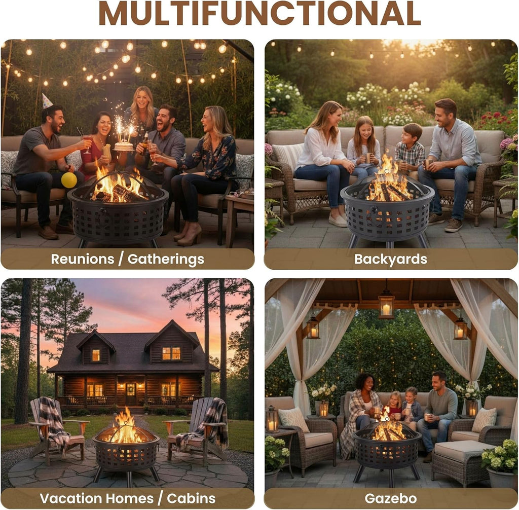 Outdoor Fire Pit - 26-Inch Round Lattice Wood Burning Firepit with Screen, Poker, Grate and Cover
