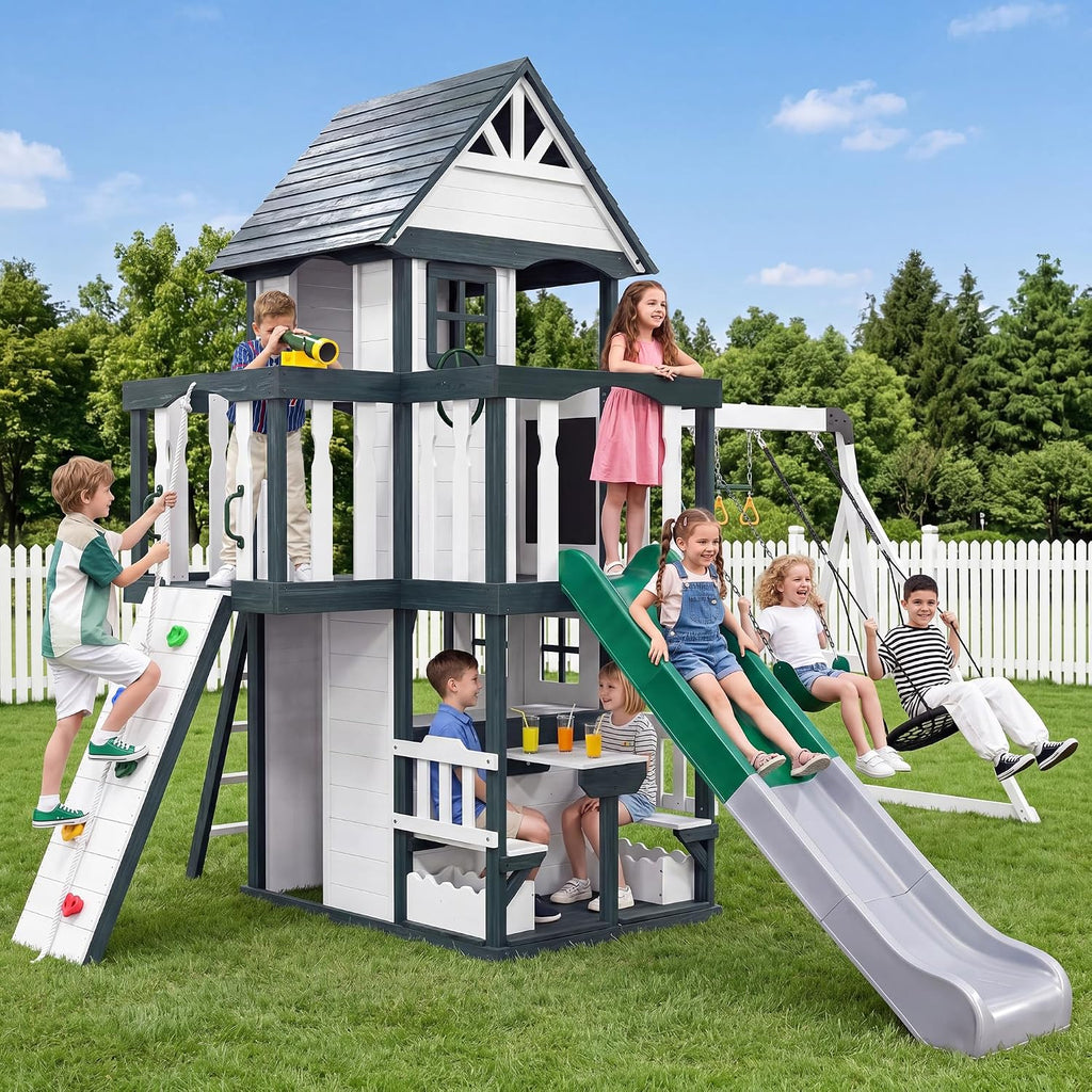 Wooden Swing Sets Playground with Slide Outdoor Playset All-in-One, White | Premium Solid Pine Wood, Lets 10 Children