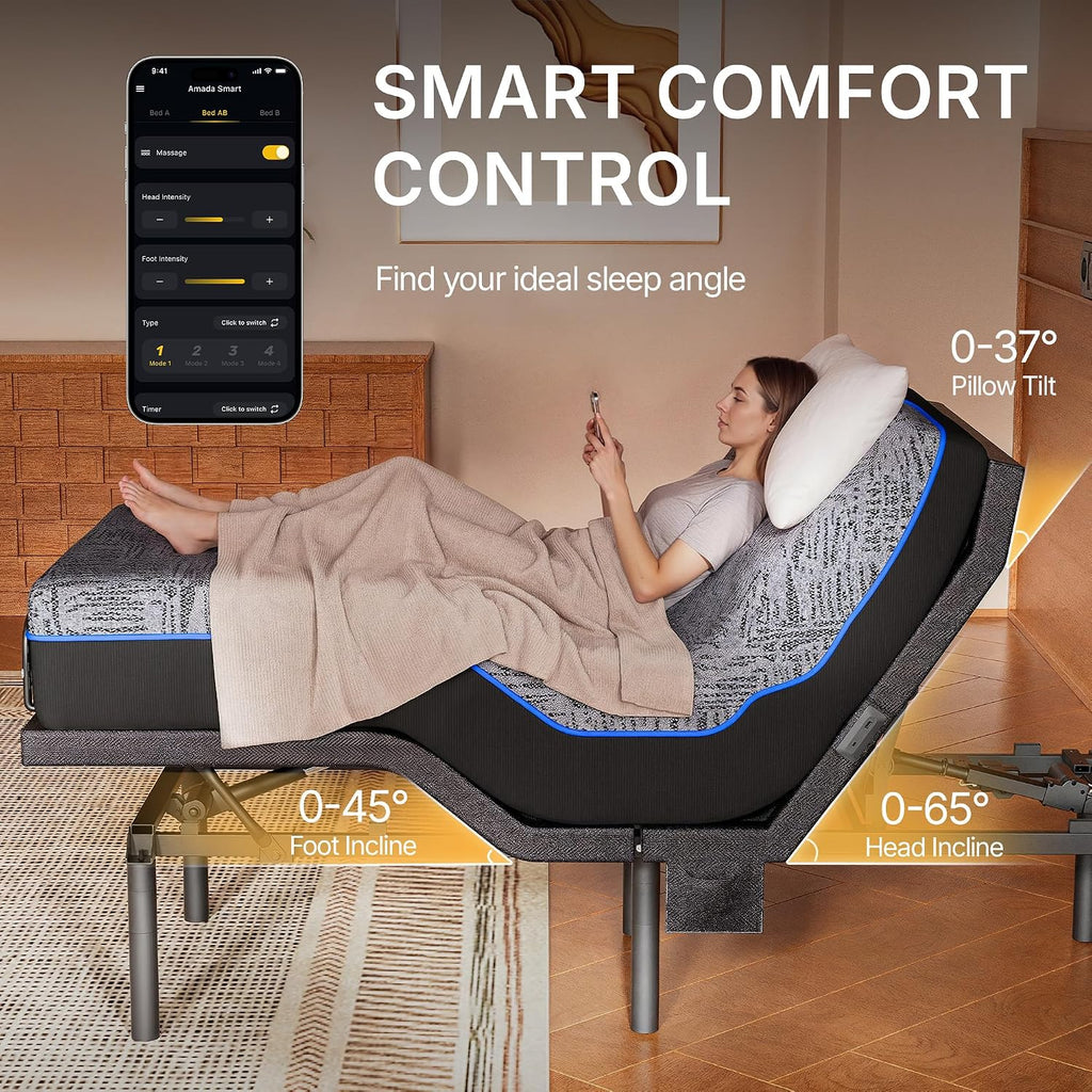 Split King Adjustable Bed Set, 3-Motor Adjustable Bed with Massage, Head & Foot Lift, Headrest Tilt, Zero Gravity - Set of 4