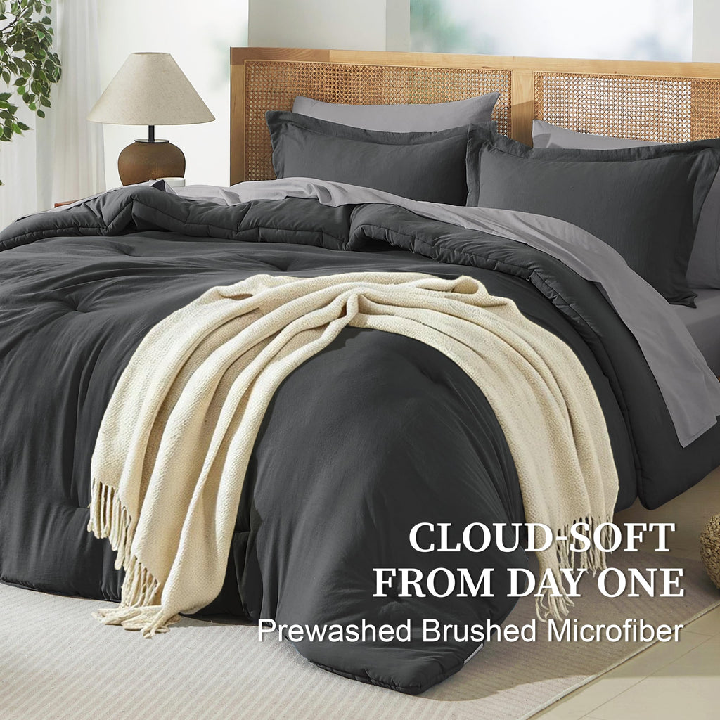 Prewashed Comforter Set 7 Pieces, Drak Gray Bed Set