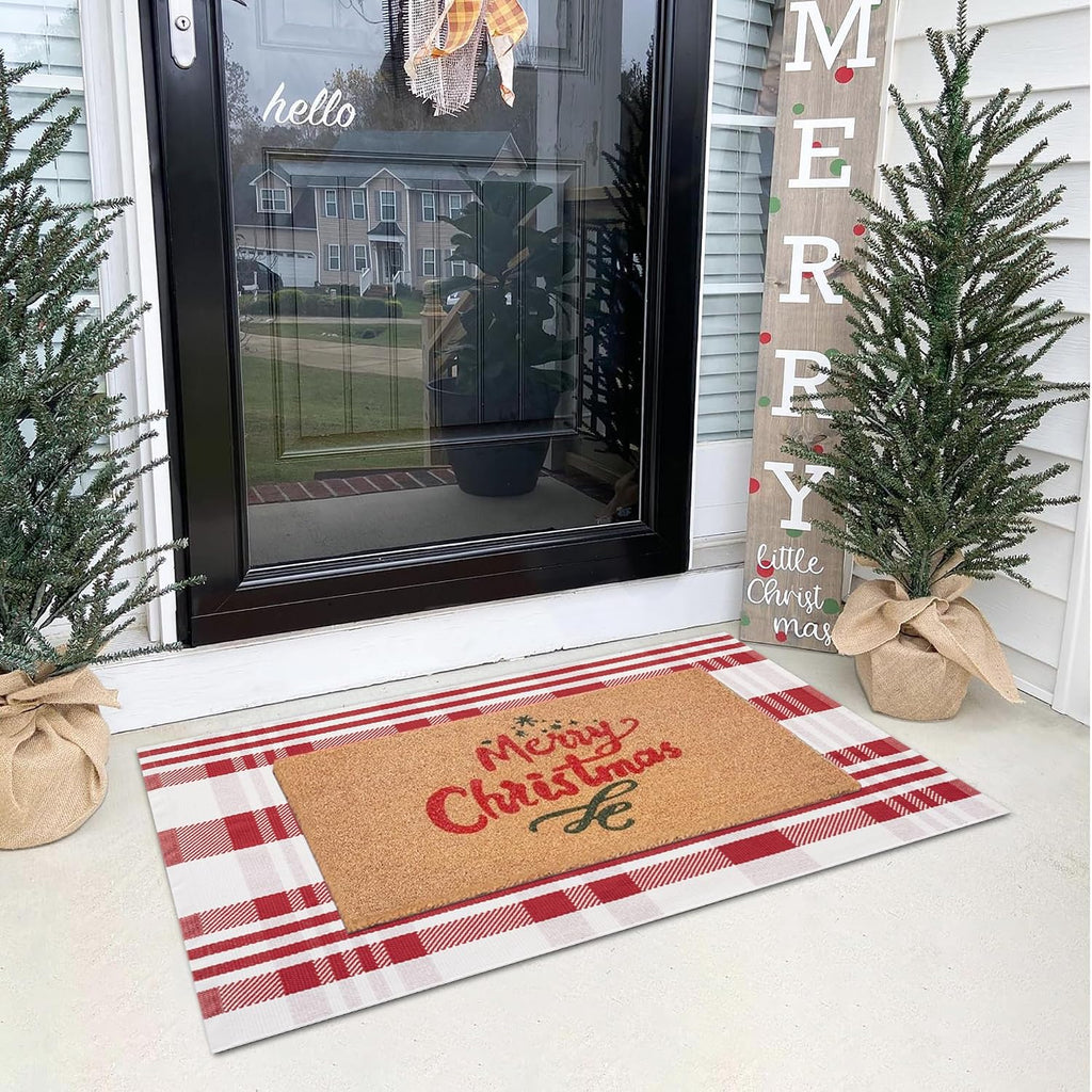 Christmas Door Mat Combo Set - 100% Coco Coir Welcome Mat + 28 x 43 Inch Red and White Diagonal Plaid Rug, New Year