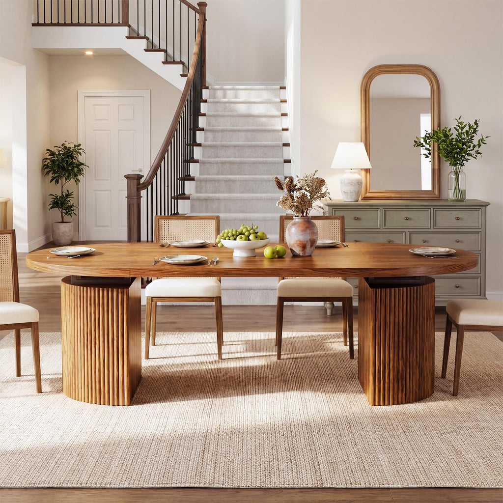 Extendable Round Dining Table for 4-8, 39in-77in Long Large Kitchen Table with Fluted Base, Space Saving Modern