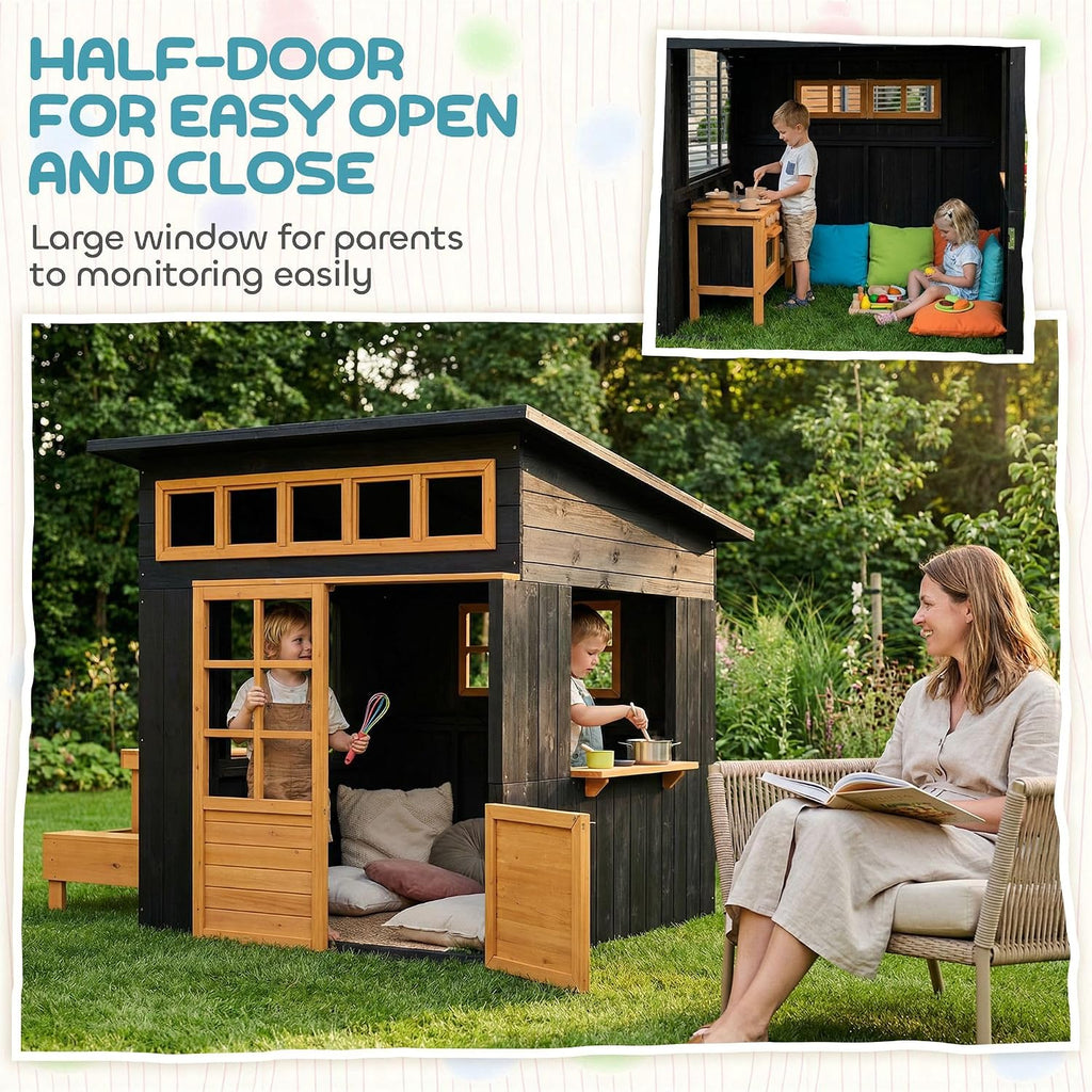 Fir Wood Outdoor Playhouse for 3-8: Chalkboard Walls, Built-in Picnic Table & Benches, 110lb Capacity