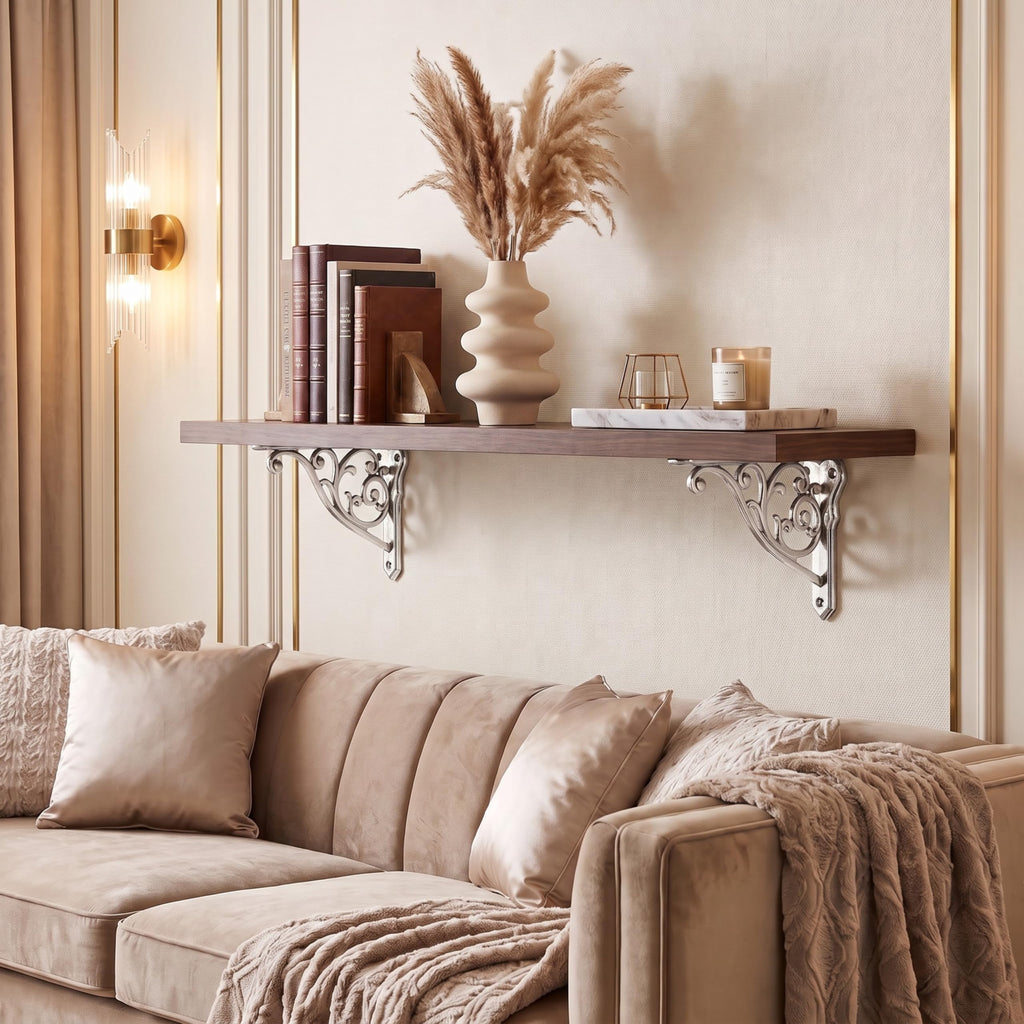 Ornate Decorative Shelf Brackets 10 inch Small Wall Mounted Shelving Bracket 4 Pack Brushed Nickel Vintage Shelf