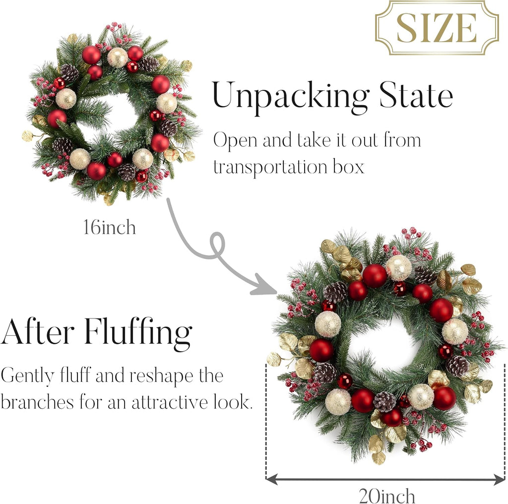 20" Pre-Lit Christmas Wreath for Front Door with Lights