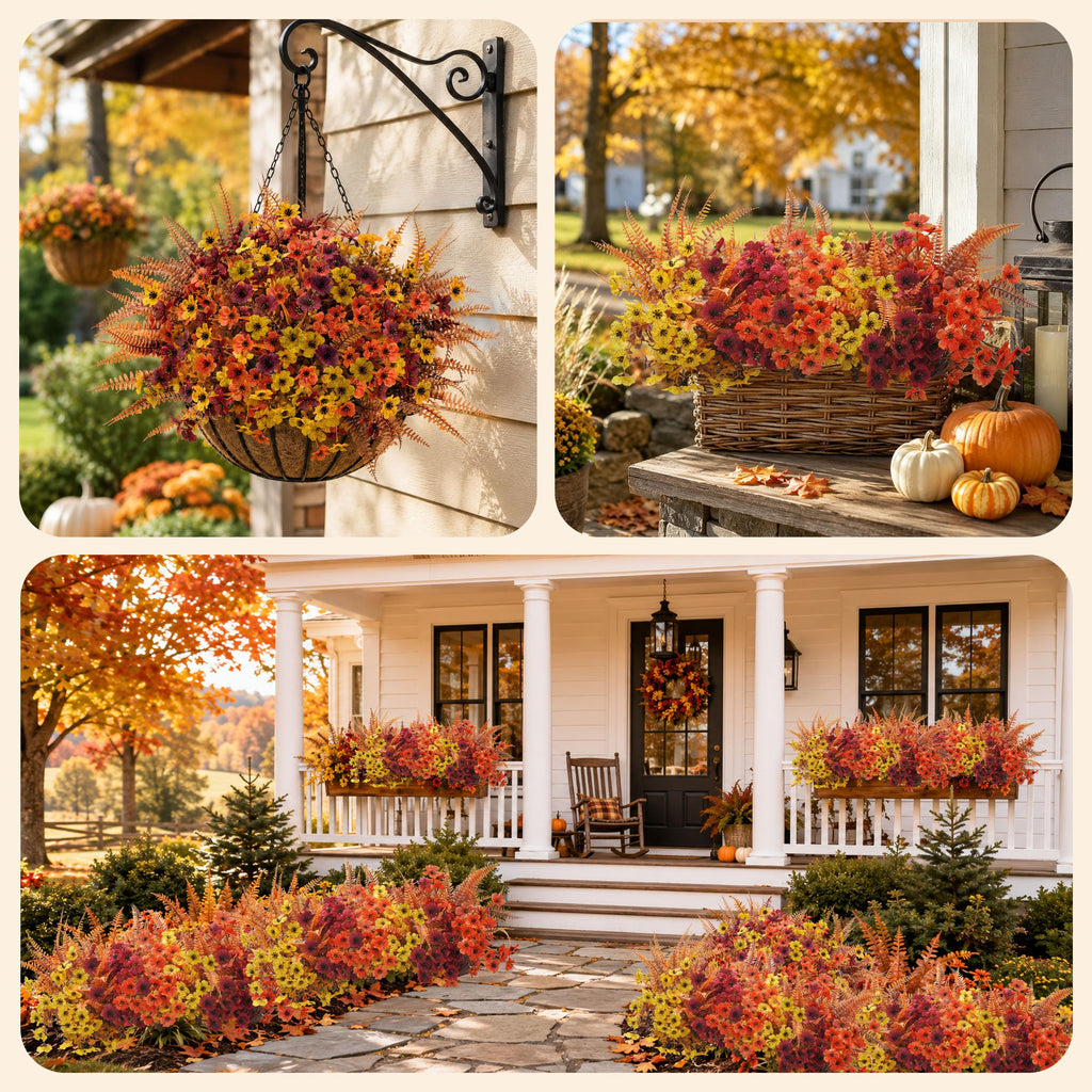 24 PCS Artificial Fall Flowers for Outdoors, Flower Stems & Ferns