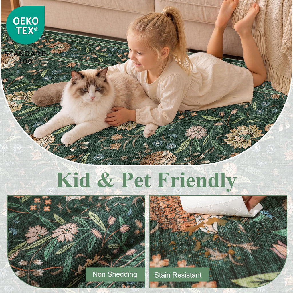 2.6x8 Runner Rug, Washable Vintage Floral Kitchen Runners Rug, Green