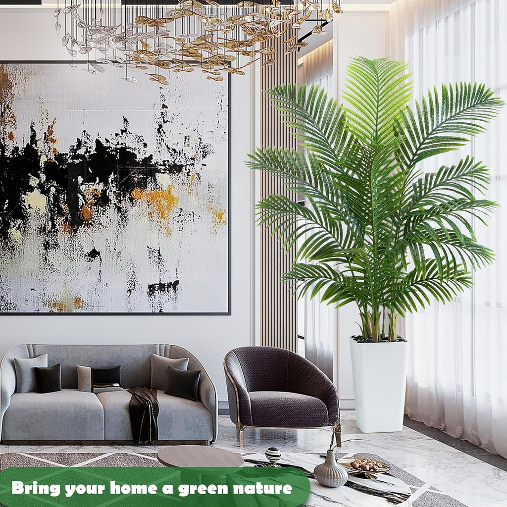 Artificial Palm Tree 5FT - Tall Fake Tree with White Taper Planter & Pebbles, UV Resistant, Large Potted Faux Plant