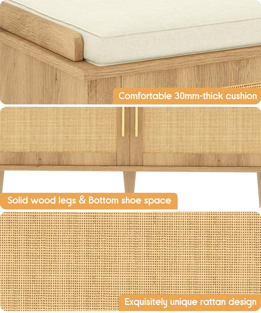 31.5" Rattan Shoe Storage Bench 2 Doors Wooden Entryway Bench Oak