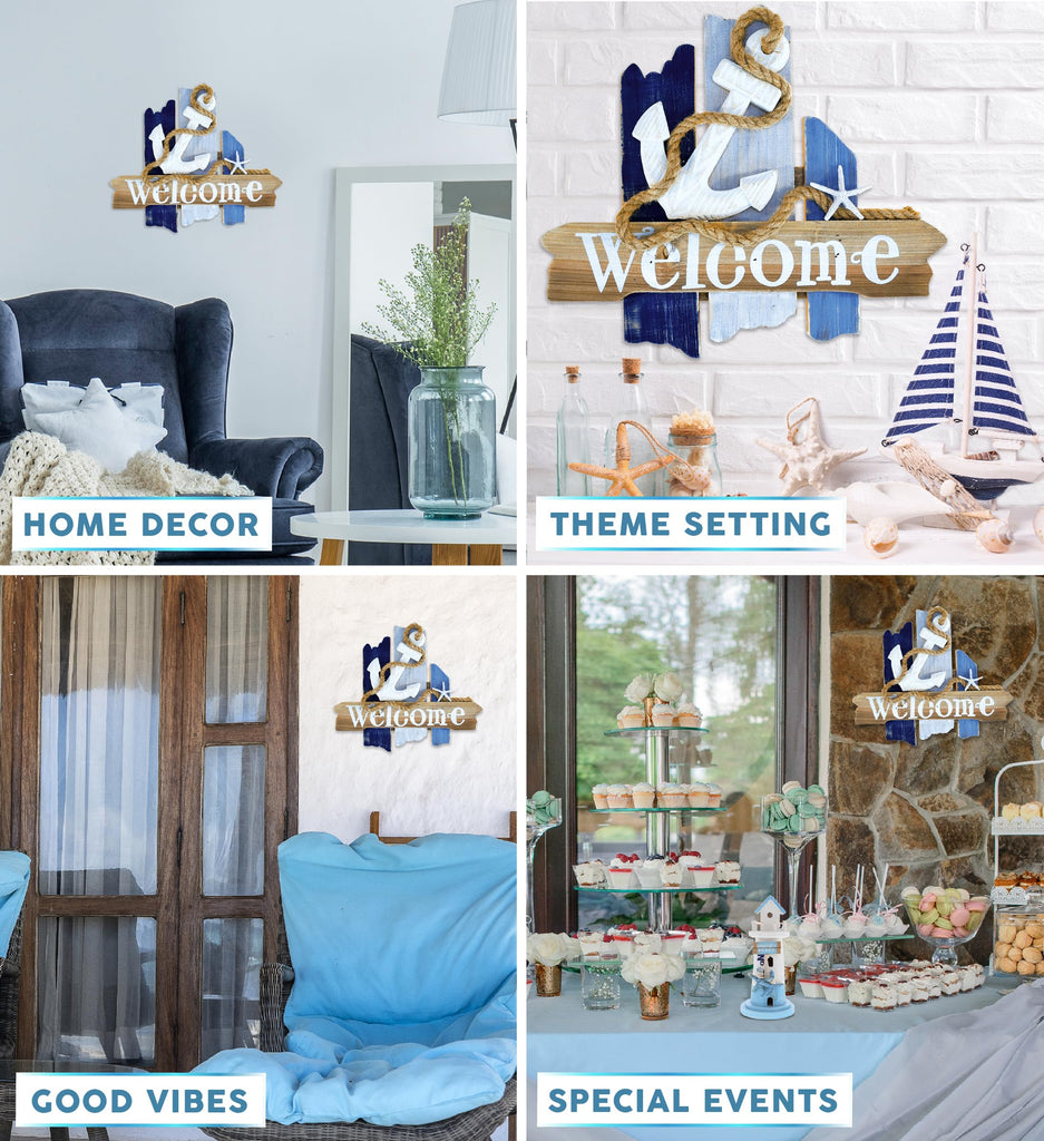 Atlantic Anchor Welcome Nautical Decor Sign - Nautical Themed Wood Sign, Beach Decor for Wall, Novelty White and Blue