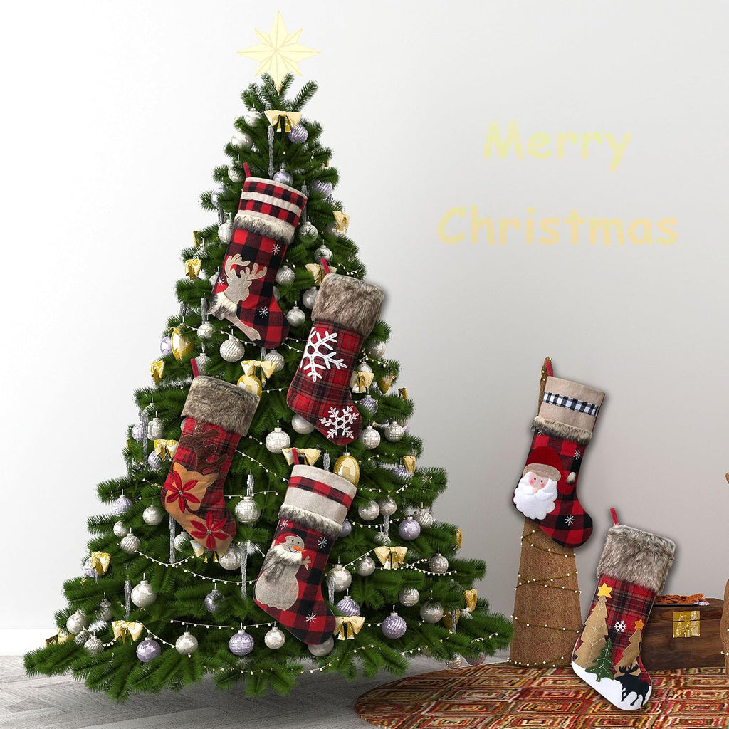 BRvieluck Christmas Stockings Set of 6 Buffalo Red Plaid with Soft Faux Fur for Family Fireplace Hanging Large 20