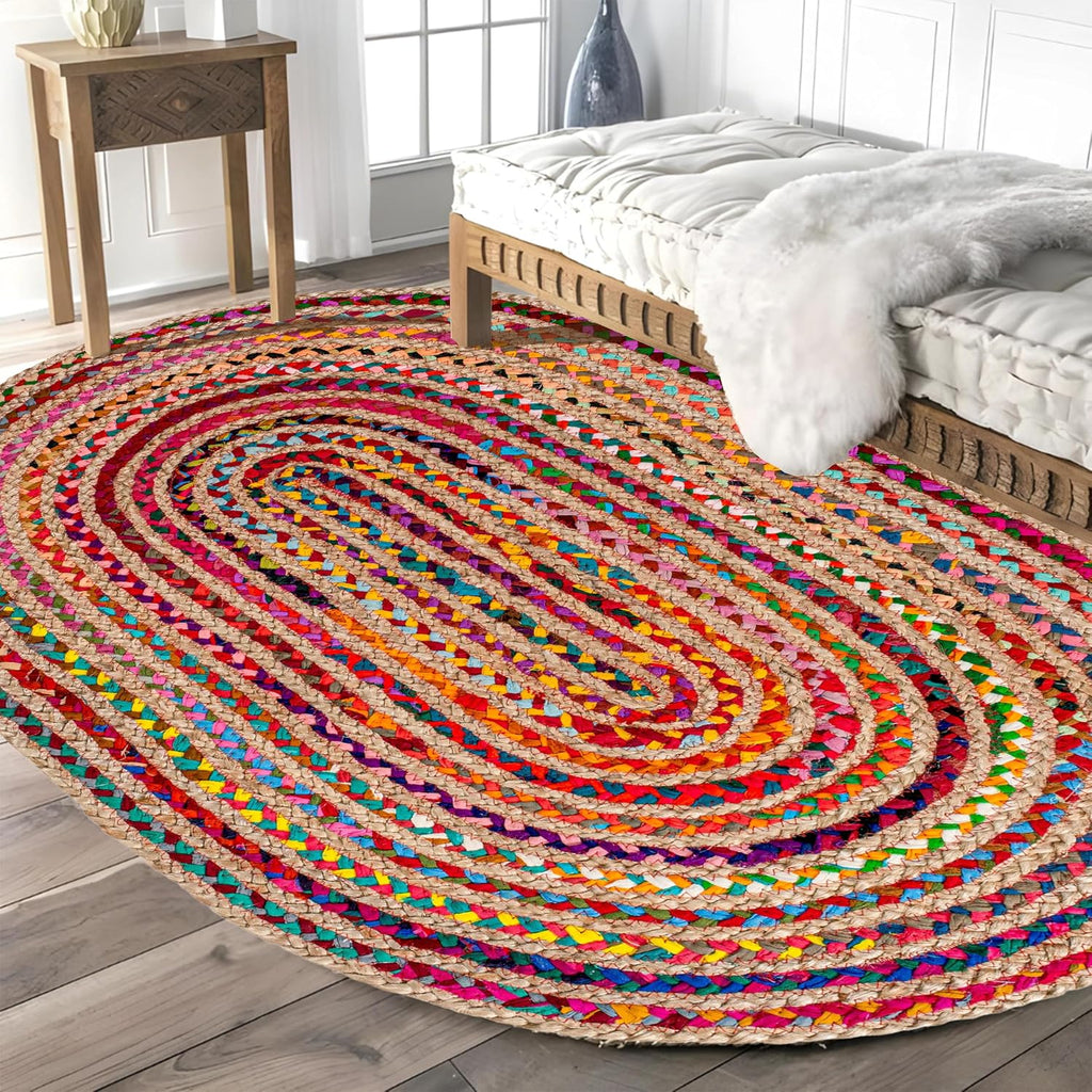 Farmhouse Jute Cotton Chindi Rug 4x6 Oval Multicolor, Handwoven Braided Area Rug