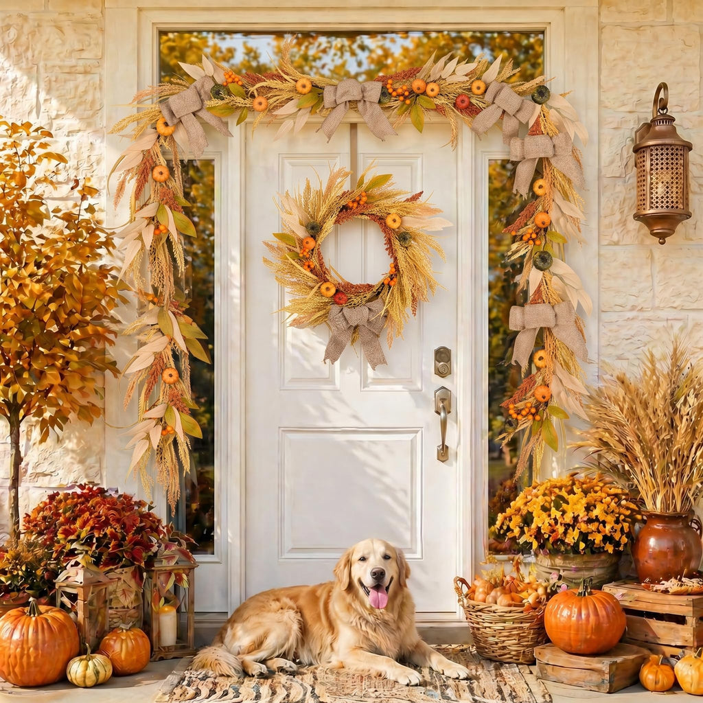 DecorbyHannah 24'' Fall Wreath for Front Door with Lights & Burlap Bow