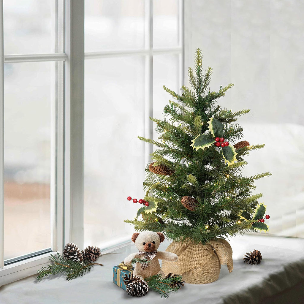 International Pre-Lit 2' Table Top Artificial Christmas Tree with Pine Cones in Tan Sac, Green