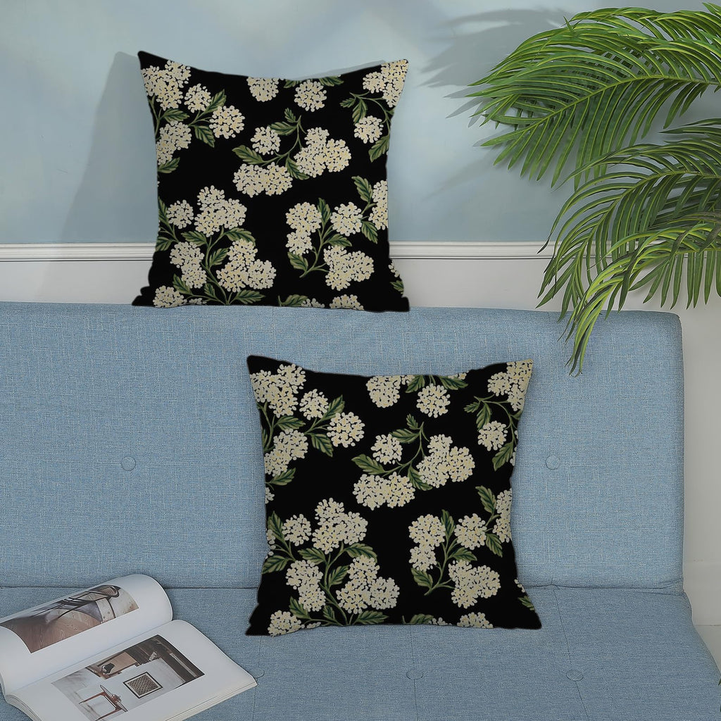 Black Spring Pillow Covers 22x22 Inch 2 Pcs Green Hydrangea Flower Decor Throw Pillows Vintage Floral Seasonal Summer