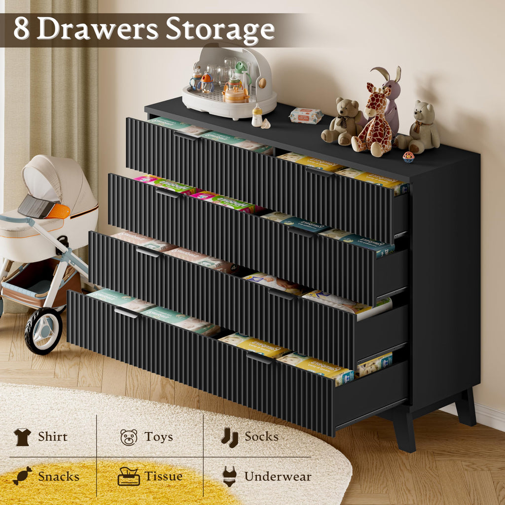 53" Wide, 8-Drawer Fluted Chest of Drawers, Modern Wood Highboy with Metal Slides and Handles, Anti-Tip Kit