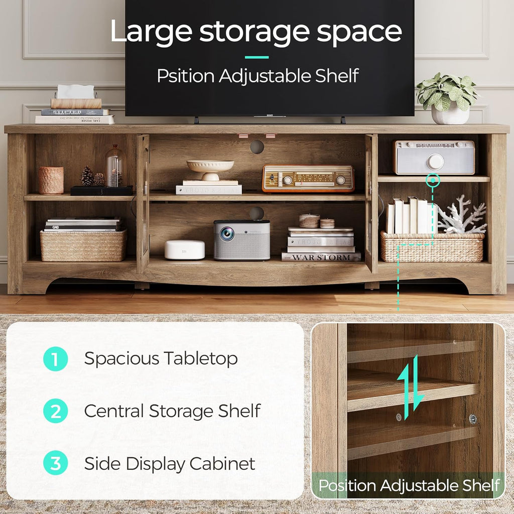 TV Stand for 75 Inch TV, Modern Farmhouse Entertainment Center with Storage Cabinets and Glass Doors, Tall Media
