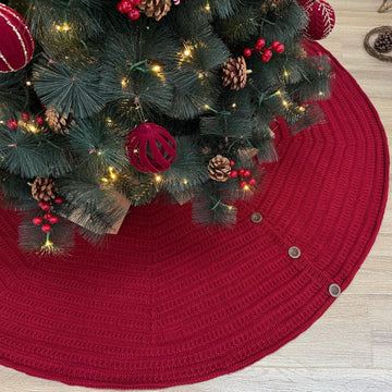 72-Inch Rib Knit Christmas Tree Skirt with Oak Buttons, Burgundy