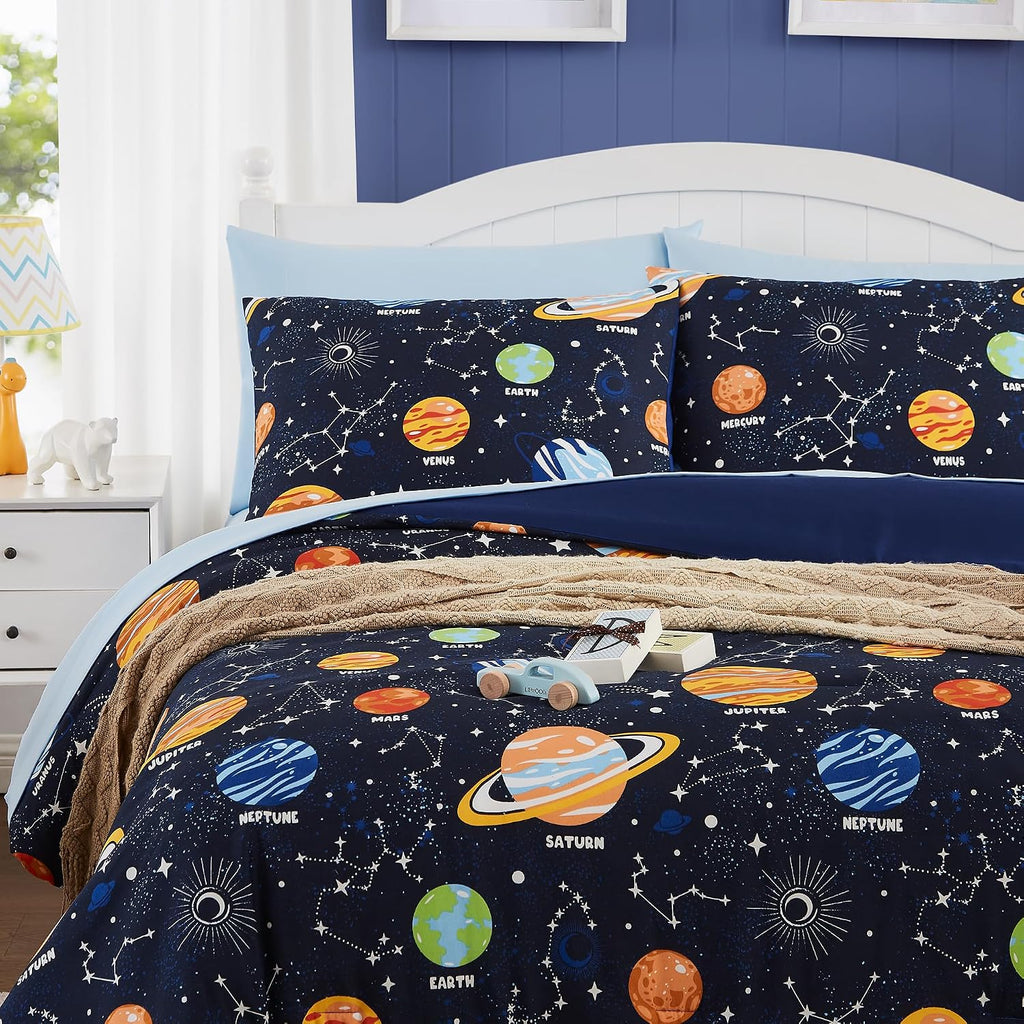 Full Kids Comforter Set - 7 Pieces Full Bedding Sets for Boys Teen, Glow in The Dark Space Bed in A Bag with Sheets
