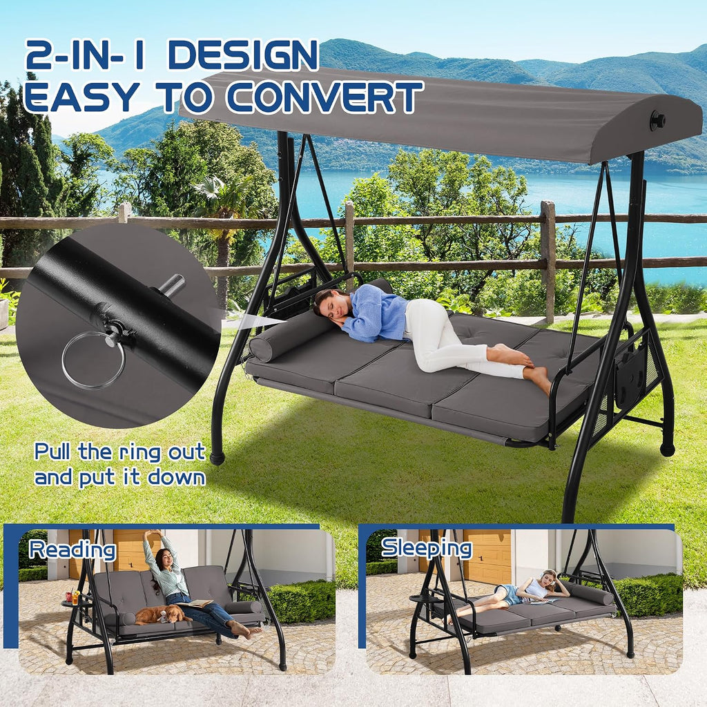 Porch Swings with Adjustable Canopy, 3 Seat Outdoor Swing Bed, Gray | Heavy Duty Porch Glider Bench with Stand