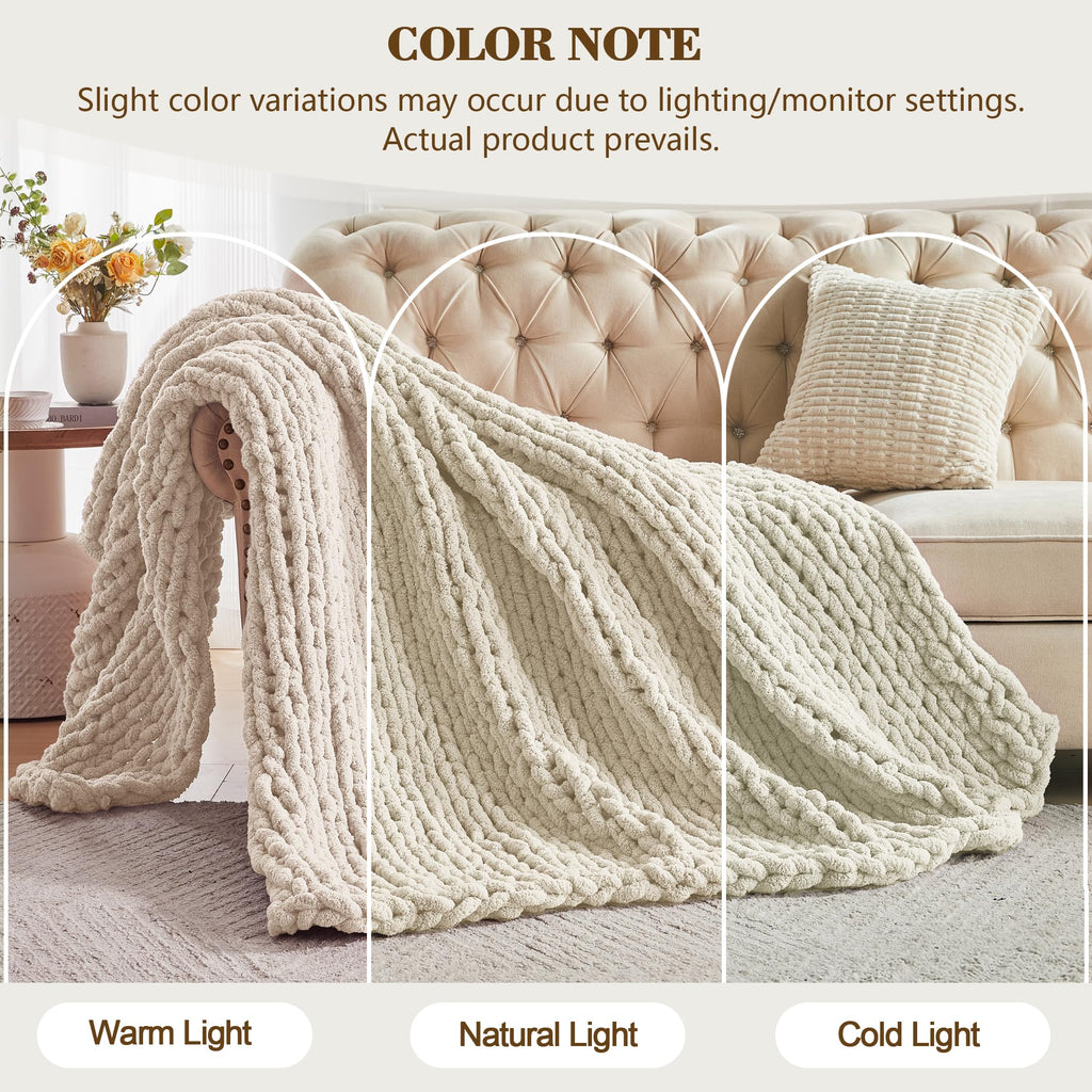 Chunky Knit Throw Blanket 60 x 80, 100% Hand Made, Light Beige