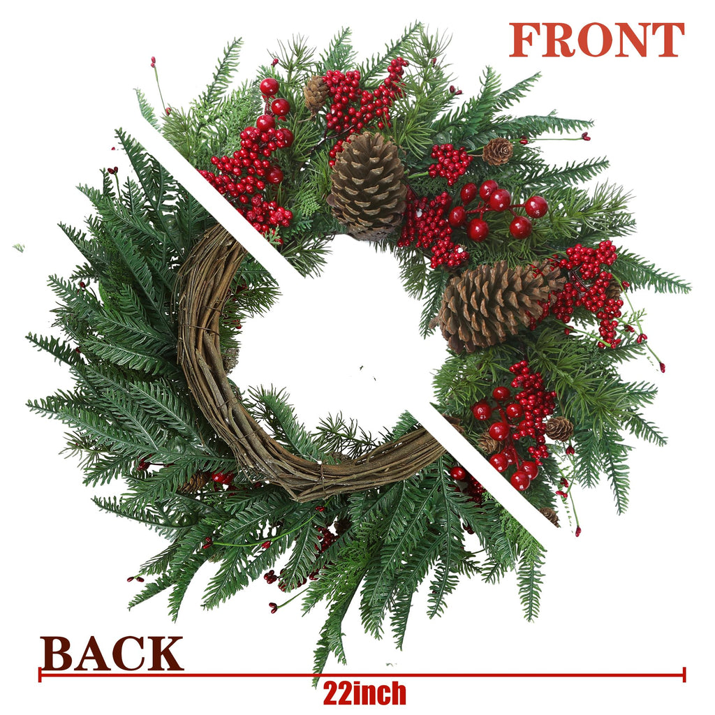 22'' Artificial Christmas Wreath Norfolk Pine Wreath for Front Door with Pine Needles Red Berries Big Pinecones